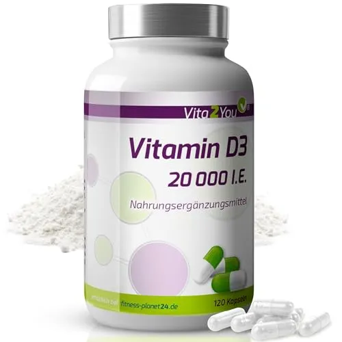 Vita2You Vitamin D3-20.000 IE - 120 Kapseln - Hochdosiert - 1000 I.E. pro Tag - 20000 Einheiten - Premium Qualität - Made in Germany