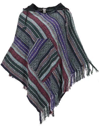 Poncho Hippie Chic - Andenponcho mit Fransen in Blau/Lila - Jacken, Mäntel & Westen, 100% Baumwolle, unisex und ideal für ganzjährig, mit Kapuze und stylischem Ethno-Design.