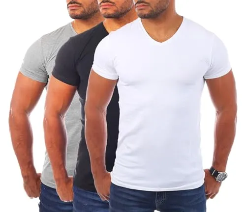 Young & Rich Herren V-Ausschnitt T-Shirt im 3er Pack - Slim Fit - Körperbetontes V-Neck T-Shirt in trendigen Farben. Die Stretchanteile sorgen für optimale Bewegungsfreiheit und hohen Tragekomfort. Ideal für Alltag, Freizeit und Beruf.