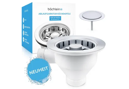 Bächlein Ablaufgarnitur Pop-up für Küchenablauf - Ablaufgarnitur mit Pop-Up Funktion, ideal für Küchenspülen, inklusive entnehmbarem Sieb und Blende für Exzenterloch, teilmontiert für einfache Installation.