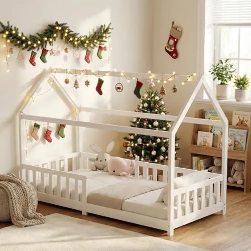 Hausbett Weiß 90x200 cm mit Rausfallschutz - Betten & Bettgestelle, ideal für sichere Nächte mit Rausfallschutz und stabilem Lattenrost, perfekt für Jungen und Mädchen.