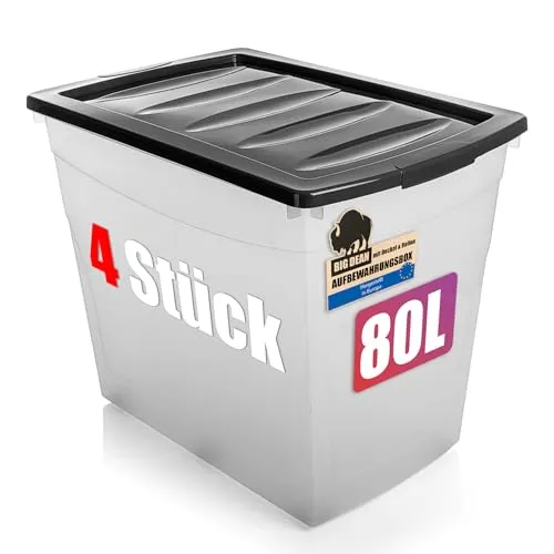 BigDean 4x 80 L Aufbewahrungsbox mit Deckel groß - Praktisches 4-teilige Set für die strukturierte Lagerung von Kleidung, Werkzeug oder Spielzeug. Stapelbar, stabil und milchig-transparent für Sichtbarkeit – ideal für jeden Haushalt.