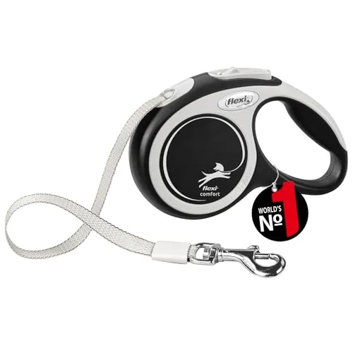 flexi® Comfort XS | 3m Gurt Roll-Leine für kleine Hunde bis 12 kg | Miniformat mit 3-Finger Griff | Schwarz | ausziehbare Hundeleine | Gewicht 126.1 gr | Maße 8,2 x 13 cm