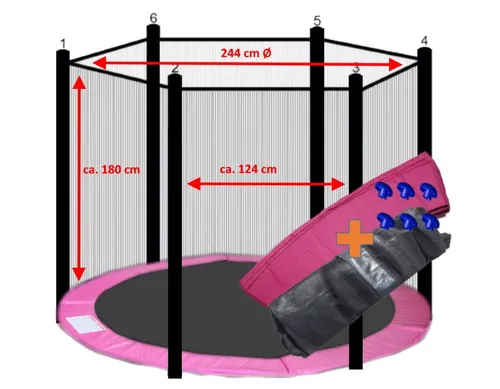 walexo Gartentrampolin mit Sicherheitsnetz Ø 244 cm - Pink | Schwarz - Gartentrampolin mit Randabdeckung und Sicherheitsnetz, ideal für sicheren Spaß im Freien. Maximale Benutzergewicht von 180 kg, perfekt für die ganze Familie.