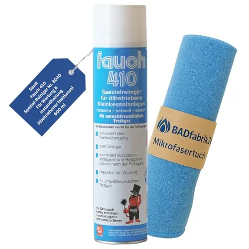 BADfabrik24 Fauch 410 Spezial-Reiniger Nr. 8040 für Öl-Kesselanlagen 600 ml + Mikrofasertuch 40×40 cm – entfernt Sulfatbeläge, haftender Schaum, reduziert Korrosion