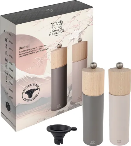 PEUGEOT Salz- und Pfeffermühle Geschenkset BOREAL 22cm - Elegantes Gewürzmühlen-Set aus PEFC-zertifiziertem Buchenholz mit langlebigem Stahlmahlwerk, perfekt für aromatische Gewürze. Hergestellt in Frankreich, inklusive praktischem Silikon-Einfülltrichter.