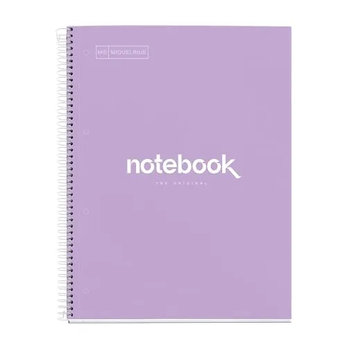 Miquelrius - Notizbuch A4 Notebook, 1 farbiger Streifen, 80 Blatt mit raster 5 x 5 mm, Papier 90 g/m² mikroperforiert mit 4 Bohrungen für 4 Ringe, Einband aus Karton, Farbe Lavendel