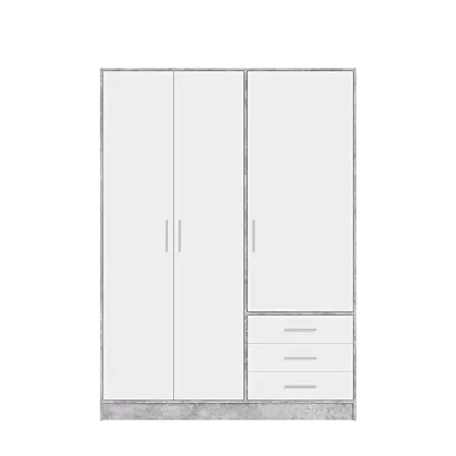 FORTE Jupiter Schrank 140 150 - 3-türiger Kleiderschrank in Betonoptik - Kleiderschrank mit 3 Türen und 3 Schubladen, modernes Design in Grau und Weiß, bietet viel Stauraum durch Einlegeböden und Kleiderstange.