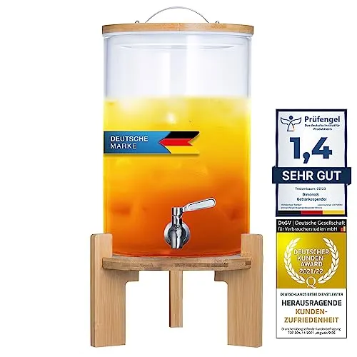 Dimono Getränkespender aus Glas mit Edelstahl Zapfhahn - Kühler & Wasserspender für Trinkwasser, hitzebeständig, ideal für kalte und heiße Getränke, perfekt für Gartenpartys und einfache Reinigung.