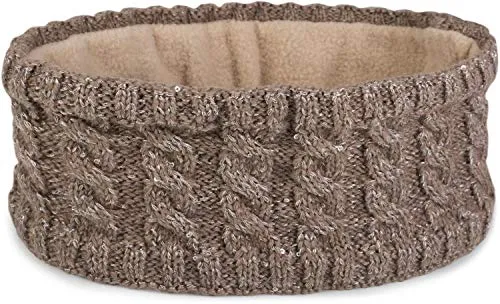 styleBREAKER Damen Strick Stirnband mit Zopfmuster und Pailletten, Fleece Futter, Haarband, Thermo Winter Headband 04026028, Farbe:Braun