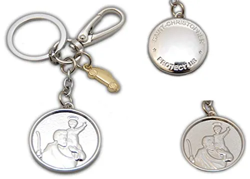 Schnäppchenladen24 † St. Christophorus Metall Schlüsselanhänger silber + goldenes Auto mit Karabinerhaken,ca. 4 cm †