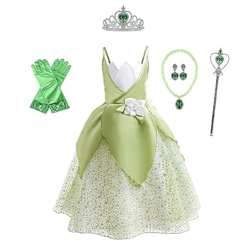 Lito Angels Prinzessin Tiana Kostüm Kleid Verkleidung mit Zubehör für Mädchen Kinder, Größe 6-8 Jahre 122 128, Grün (Tag-Nummer 120)