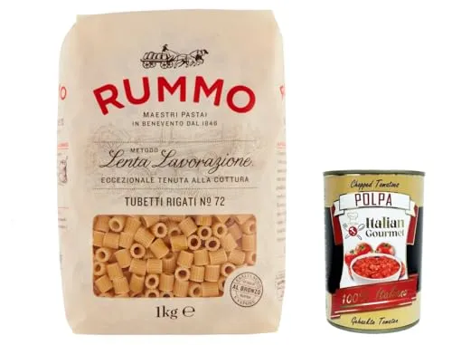 8x Rummo Tubetti rigati N. 72 Hartweizengrieß Pasta Italienische Nudeln 1kg Packung + Italian Gourmet Polpa di Pomodoro 400g Dose
