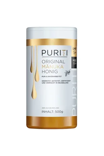 PURITI Manuka Honig MGO 100+ 500g - Brotaufstriche: Laborgeprüfter Manuka Honig mit mindestens 100mg Methylglyoxal pro kg, 100% Naturprodukt, frei von Zusatzstoffen und zertifiziert.