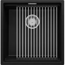 PRIMAGRAN Spülbecken Schwarz Metallic 46x47cm – Granitspüle 1 Becken mit Abfluss-Set und Abtropffläche