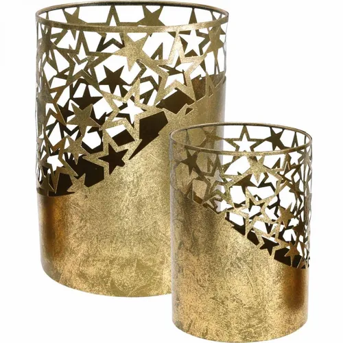 Windlichter Set Sternenmuster mit Blattgold-Optik - Stimmungsvolles Windlichter Set aus Metall, ideal für festliche Anlässe. Mit elegantem Sternenmuster und Blattgold-Optik sorgen sie für warmes Licht und eine gemütliche Atmosphäre.