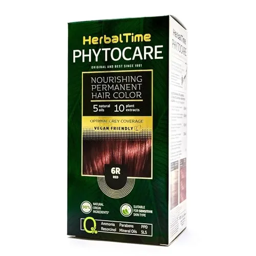 Herbal Time Phytocare Permanent Haarfärbung, Farbe Rot 6R | Professionelles Naturhaarfarbe Kit | Pflegt und schützt dein Haar | Ohne Ammoniak, PPD und SLS | 124,5 ml