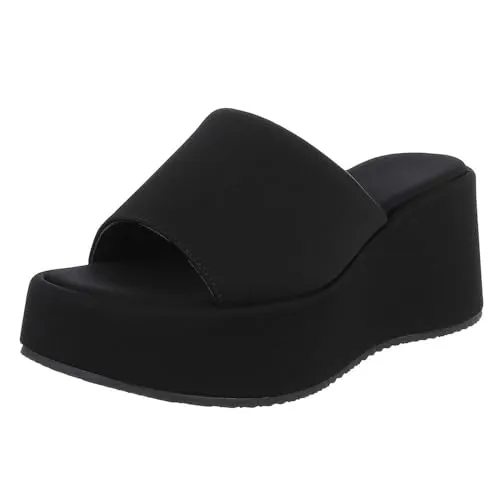 Ital Design Damen Sandalen mit Keilabsatz, runde Spitze, Schwarz, Gr. 40 - Stylische Damen-Sandalen mit Keilabsatz und runder Spitze in elegantem Schwarz. Perfekt für jeden Anlass, bieten sie Komfort und einen modischen Auftritt dank des breiten Riemens und der stabilen Laufsohle.