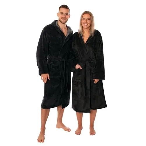 Lavea® Unisex Bademantel mit Kapuze, Soft-Velour und Frottier, Größe M, Schwarz - Hochwertiger Bademantel aus Soft-Velour und Frottier, ideal für Entspannung nach dem Bad oder in der Sauna. Mit Kapuze, zwei praktischen Taschen und bequemer Passform – perfekt für zu Hause oder unterwegs.