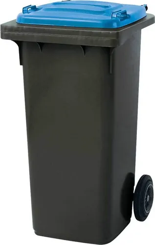 BRB 120 Liter MGB Mülltonne, grau mit blauem Deckel - Transportgeräte & Rampen: Robuste Mülltonne mit 120 Litern Volumen, geräuscharmen Vollgummireifen und recyclebaren Materialien für eine umweltfreundliche Abfallentsorgung.