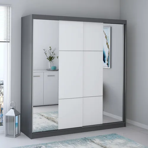 imoebel24 Schwebetürenschrank Multi 38, Grau & Weiß - Eleganter Schwebetürenschrank mit 10 Fächern und zwei Spiegeln für optimalen Stauraum im Schlafzimmer. Modernes Design, inklusive dekorativer Leisten für eine edle Note.