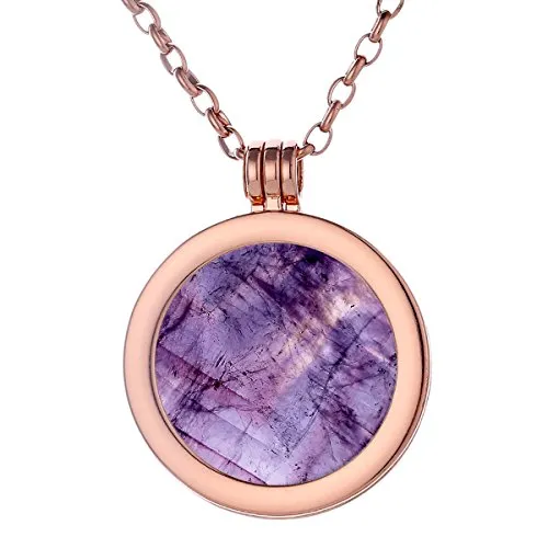 Morella Damen Halskette Rosegold 70 cm Edelstahl und Anhänger mit Edelstein Amethyst Coin 33 mm Chakren Scheibe in Schmuckbeutel