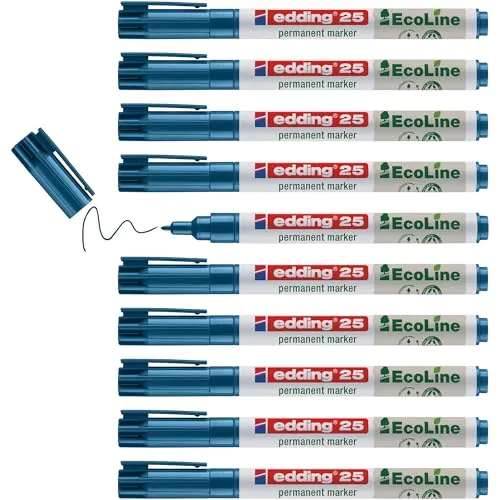 edding 25 Ecoline Permanentmarker - blau - 10 Stifte - Rund-Spitze 1 mm - schnell trocknender Permanent Marker - wasserfest, wischfest - für Karton, Kunststoff, Holz, Metall - Universalmarker