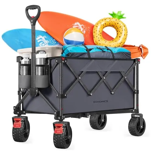 SONGMICS Handwagen faltbar, Bollerwagen, 150 L, bis 150 kg belastbar, Gartenwagen, Campingwagen mit Griff, 4 abnehmbaren Rollen, platzsparend, Outdoor, Garten, schiefergrau GFW115G01