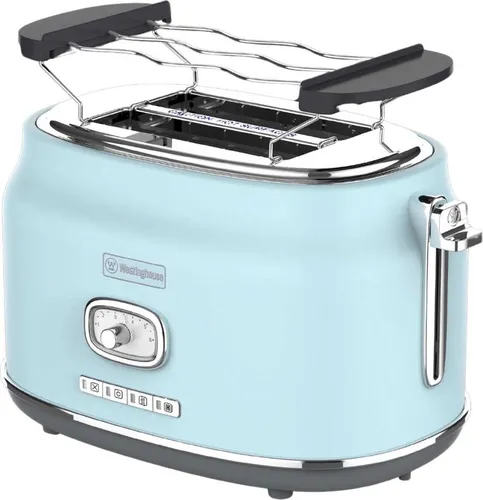 Westinghouse Toaster WKTTB857, Retro-Design in Hellblau - Toaster für 2 Scheiben mit 6 Bräunungsstufen, Auftau- und Aufwärmfunktion sowie herausnehmbarer Krümelschublade – ideal für ein stilvolles Frühstück.