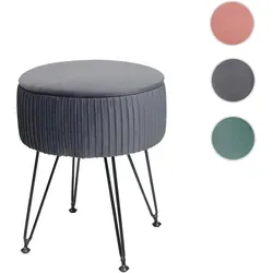 Sitzhocker HWC-K47, Hocker mit Staufach, Ø 33cm, Samt-Optik ~ hellgrau, Gestell schwarz