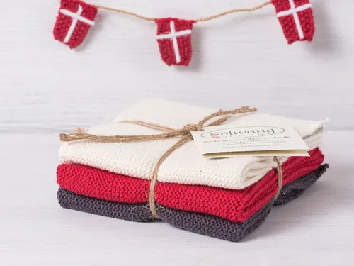 Solwang Wischtuch CREME ROT GRAU KOMBI gestrickt 3er Set Küchentuch Putztuch