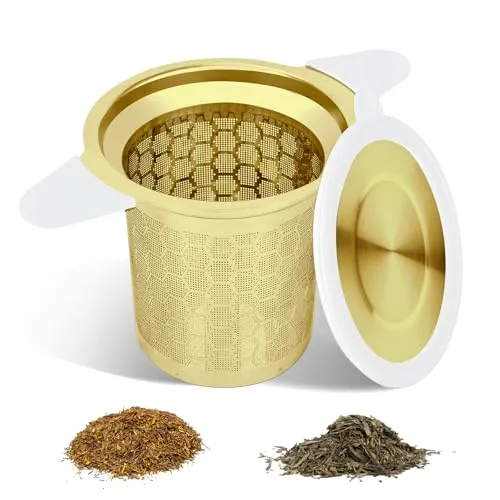 Teesieb mit Deckel/Abtropfschale, Extra Feinmaschiger 304 Edelstahl Teefilter für Losen Tee,Teesiebe für die Meisten Tee-Tassen, Tee-Schalen, Spülmaschinenfest (Gold)