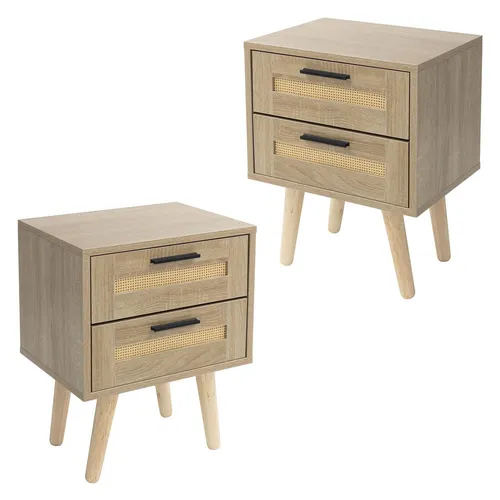 Stylisches ML-Design 2er Set Nachttisch mit Rattan-Front