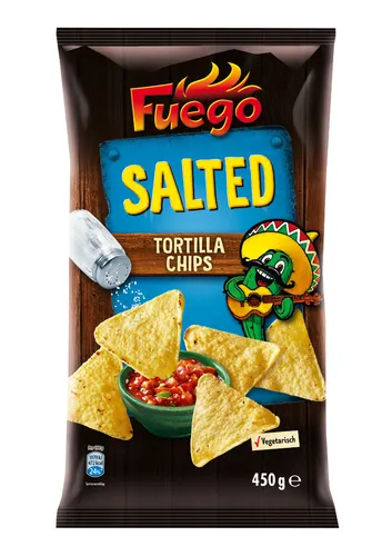 Fuego Tortilla Chips Salted 0.450kg - Chips & Knabbereien, knusprige Tortilla Chips mit salzigem Geschmack – perfekt zum Dippen oder als Snack für jede Gelegenheit.