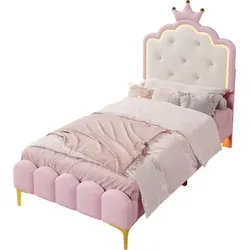 Prinzessinbett mit Lattenrost und LED-Beleuchtung, Mädchenbett, Polsterbett für Mädchen, Einzelbett, Kunstleder, 90x200 cm - Rosa