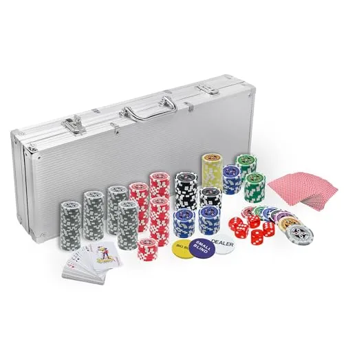 AufuN Pokerkoffer Set 500 Chips Laser Pokerchips mit Aluminium Gehäuse | Poker-Set 12 Gramm Metallkern inkl. 2X Pokerdecks, 5X Würfel, 3X Dealer Button, Big Blind, Little Blind Pokersets (Silber)