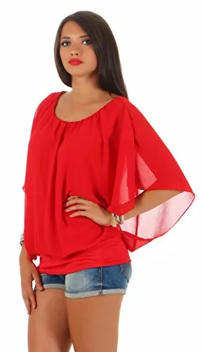simaranda Damen Bluse Chiffon luftige Sommer Tunika mit Carmen Ausschnitt Blusenshirt Elegant 661 42-46 Rot