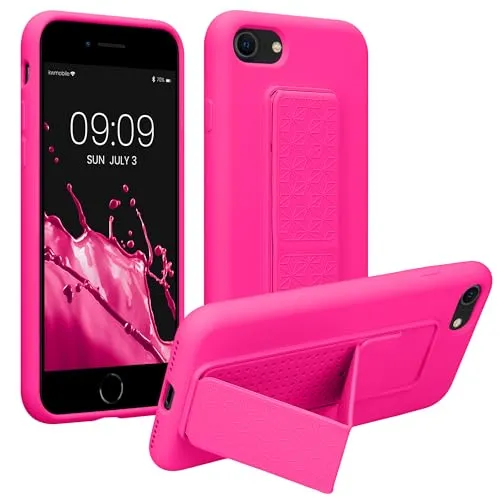 kwmobile Handyhülle für Apple iPhone SE (2022) / SE (2020) / 8/7 Hülle - TPU Silikon Case mit Fingerhalter und Stand - Schutzhülle Cover in Neon Pink