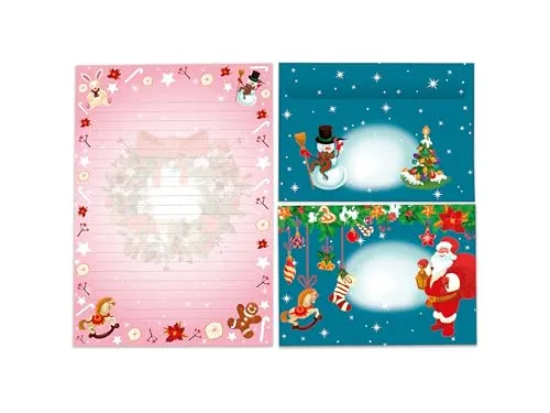 Briefpapier-Set A5 rosa Schreibblock liniert mit Umschlag Motiv Weihnachten Wichtelgeschenk für Kinder Jungen Mädchen (1 Block A5 mit 25 Blättern + 15 bunt bedruckte Kuverts)