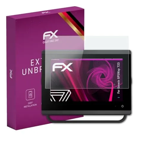 atFoliX Glasfolie kompatibel mit Garmin GPSMap 723 Panzerfolie, 9H Hybrid-Glass FX Schutzpanzer Folie