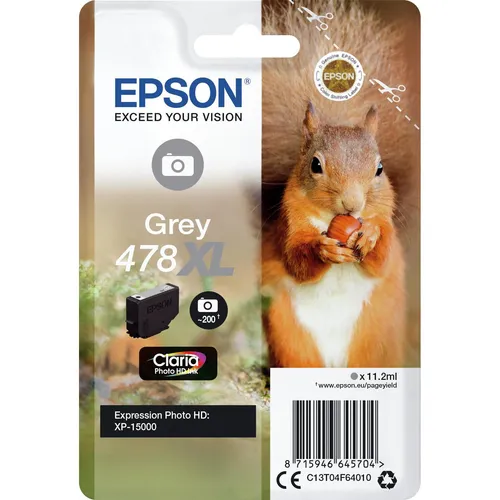 Epson Squirrel 478XL Druckerpatrone Grau - Hohe Ausbeute - Toner für Epson Drucker mit XL-Ausbeute, ideal für kosteneffizientes Drucken von bis zu 200 Seiten. Genießen Sie professionelle Fotoqualität mit Claria Photo HD-Tinte.