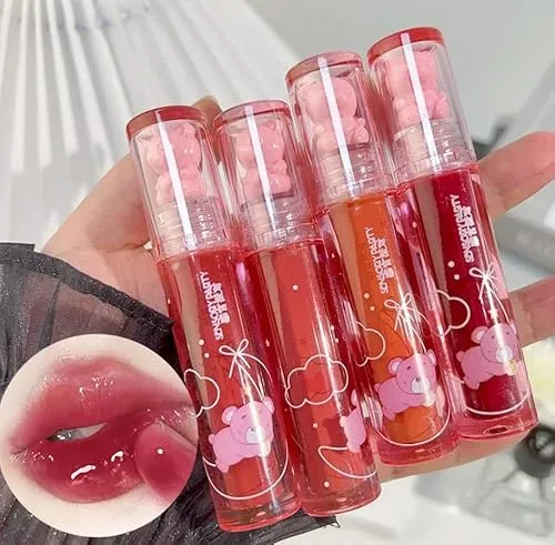 Pakivs 4Pcs Bären Lip Glaze, Flüssiger Lippenstift, Glänzender Lipgloss, Feuchtigkeitsspendender Lippenfleck, Aufpolsternder Wasser-Lipgloss, Wasserdichter Saftiger, Dauerhafter Set
