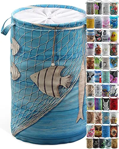 Sanilo Wäschekorb faltbar, stabiler runder Wäschesammler 60 Liter, Wäschesack mit Griffen und Abdeckung (Seefahrt)