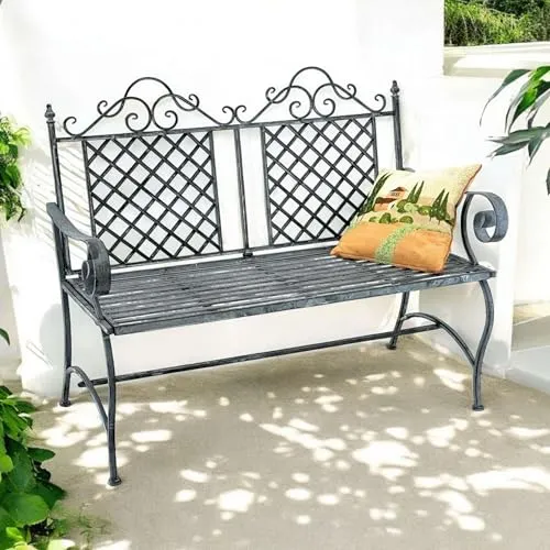 DanDiBo Wetterfeste Gartenbank 2-Sitzer Metall Grau 120 cm - Elegante Sitzbank aus wetterfestem Metall mit filigranem Rankenmuster, ideal für Garten, Balkon oder Terrasse – stabil und komfortabel für entspannte Stunden im Freien.