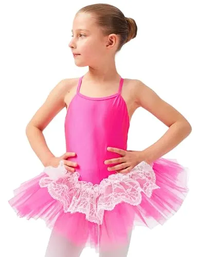 tanzmuster Ballettkleid Tutu Mädchen - Antonia - 3 Lagen Tüll und Spitze - glänzendes Lycra - Ballett Trikot mit Tüllrock in pink, 182/134