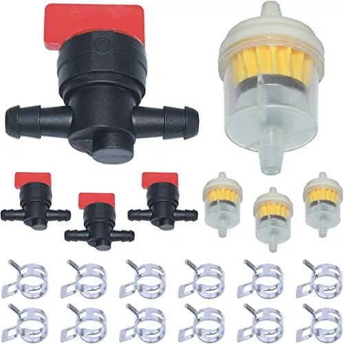 1/4 Zoll Absperrventil mit Benzinfilter Schlauchschellen, AUMEL 4 Stück 1/4'' Absperrhahn + 4 Stück 1/4'' Kraftstofffilter + 12 × Schlauchklemmen Universelle Ersatzteile für Motor