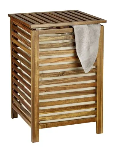 Wenko Wäschesack aus Akazie - Wäschesammler aus massivem Akazienholz und Textil, mit großzügigen Maßen von 45x65x45 cm für stilvolle Ordnung und Aufbewahrung.