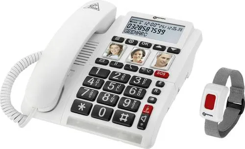Geemarc Verstärktes Notruftelefon - Seniorentelefon mit Notruf-Armband, Foto-Tasten, Freisprechen und Hörgeräte-Kompatibilität in Weiß