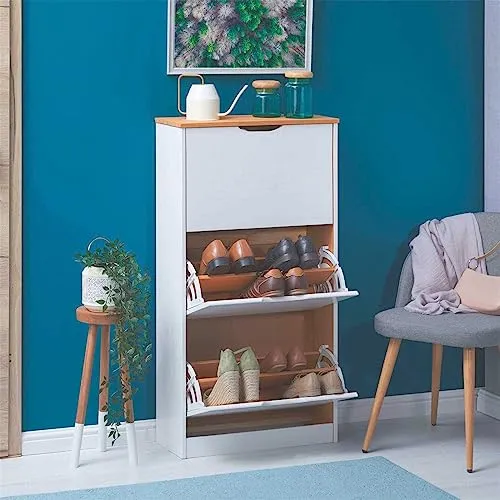IDIMEX Schuhkommode BASIL - Stilvoller Schuhschrank mit Klappen - Schuhkommode aus massivem Kiefernholz, ideal für Ordnung und Stil im Flur. Mit kompakten Maßen von 59 cm Breite und 116 cm Höhe.