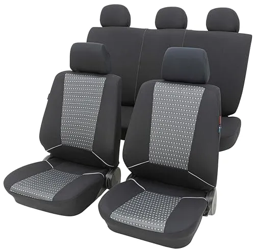 PETEX Auto Sitzbezüge Universal Komplett Set 11-teilig - Korsika grau - Sitzbezüge für Universal-Fahrzeuge, TÜV-zertifiziert mit Sollreißnaht für Sicherheit. Praktisches 11-teiliges Set schützt die Originalbezüge und passt sich dank Vario-Funktion optimal an.